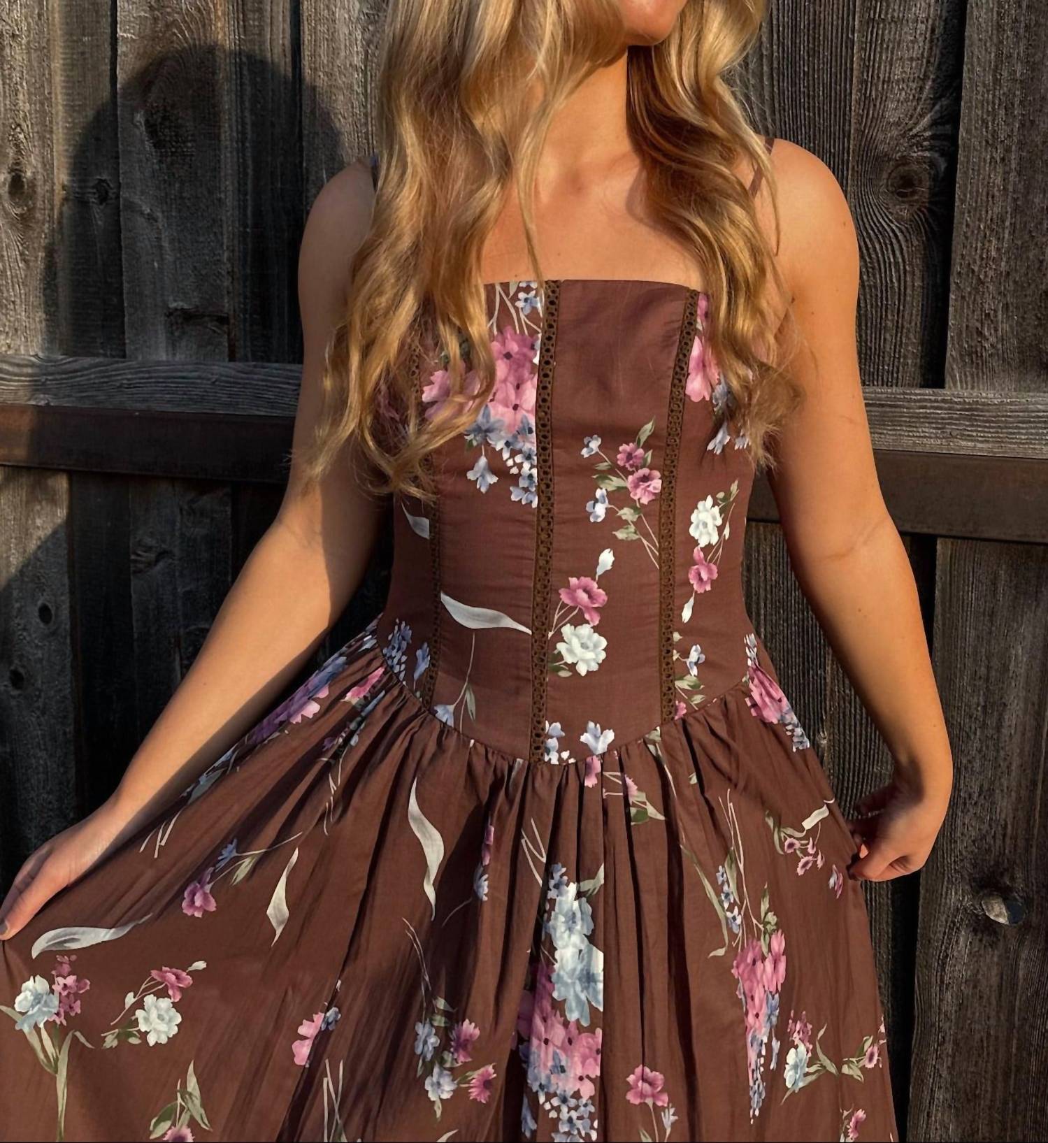 Mable - Floral Print Corset Midi Dress