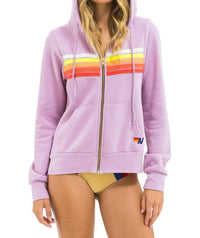 AVIATOR NATION Five Stripe Zip Hoodie in mauve white neon - women's top - detail view