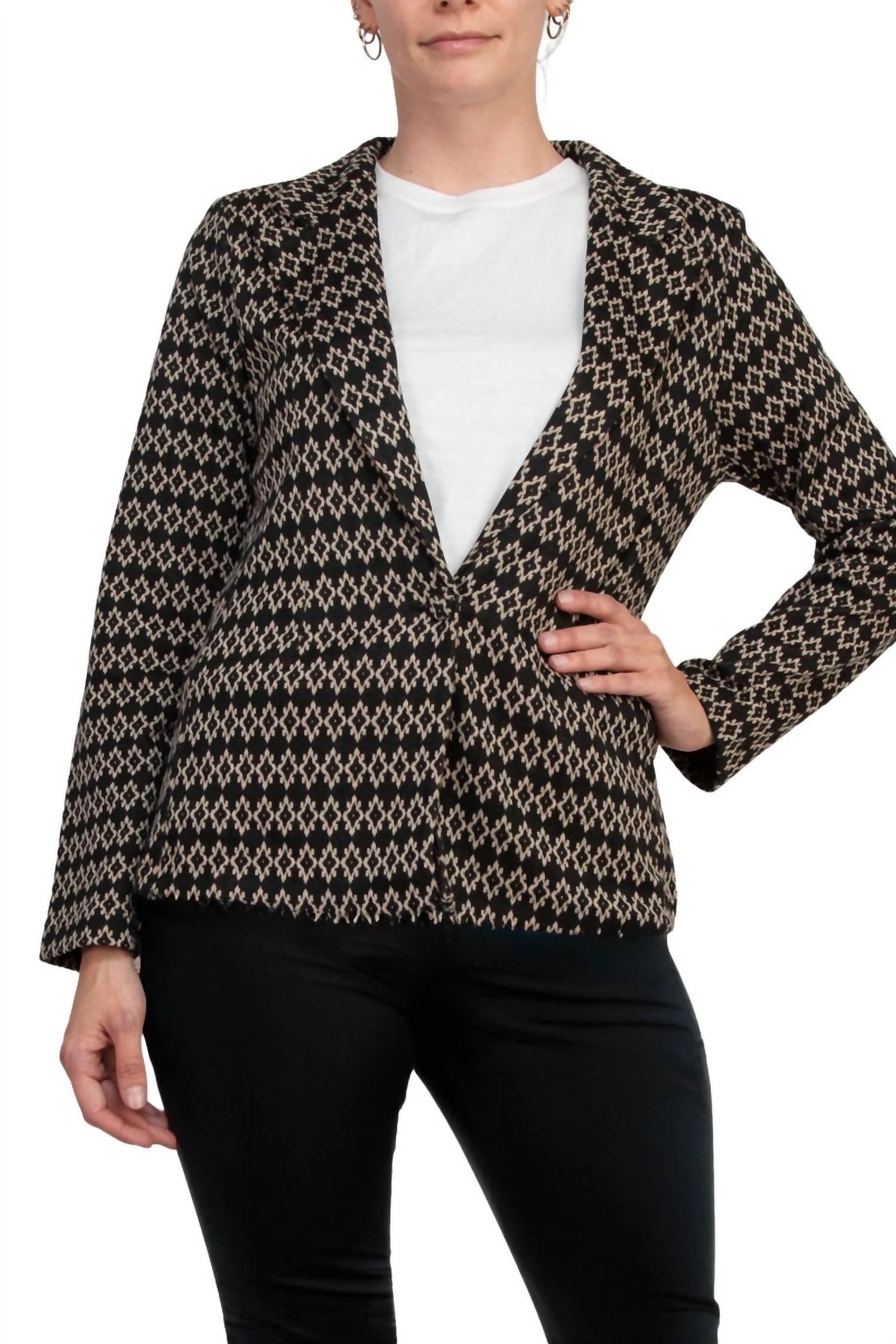 Philosophy - Bracelet Sleeve Peak Lapel Single Button Knit Jacquard Blazer