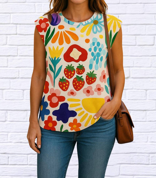 Trendsi - Jolene Printed Round Neck Cap Sleeve T-shirt