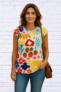 Trendsi - Jolene Printed Round Neck Cap Sleeve T-shirt