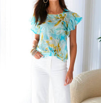 Finley KNOT SEAWEED PRINT BLOUSE in blue and green - women's blouse