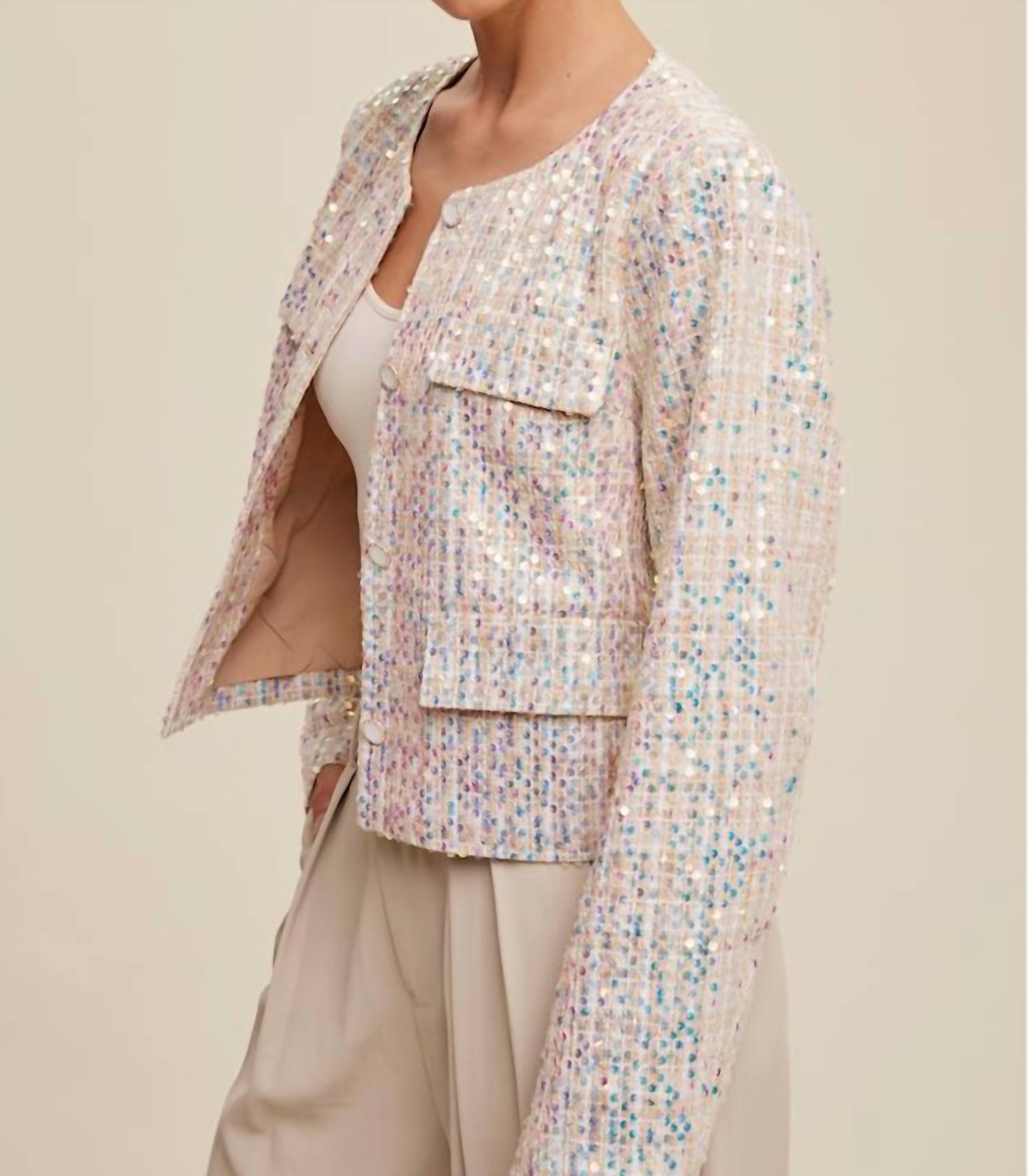 Listicle - Luxe Lights Sequin Cropped Tweed Jacket