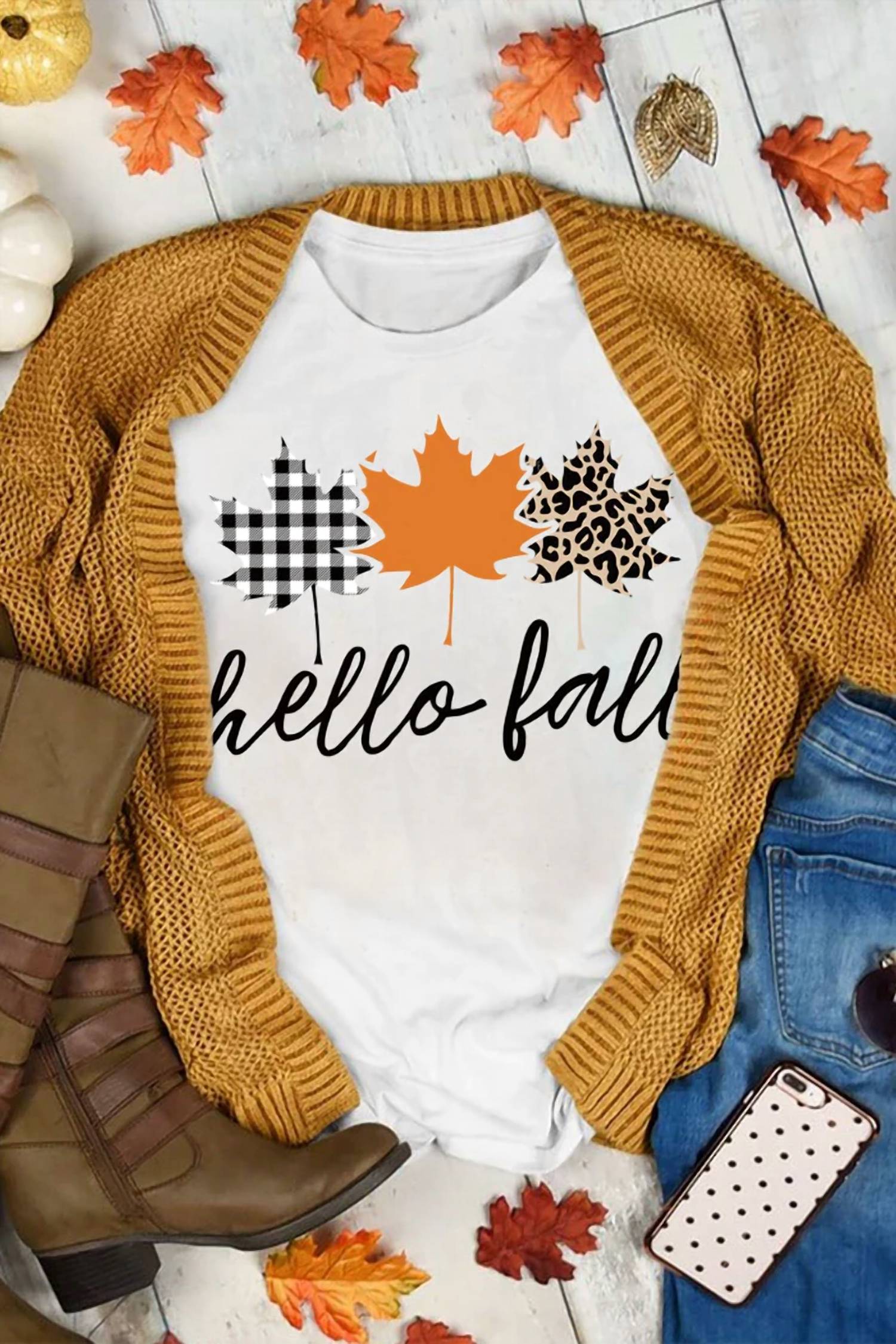 Shiying Fashion - Hello Fall Mapel Leaves Graphic Tee