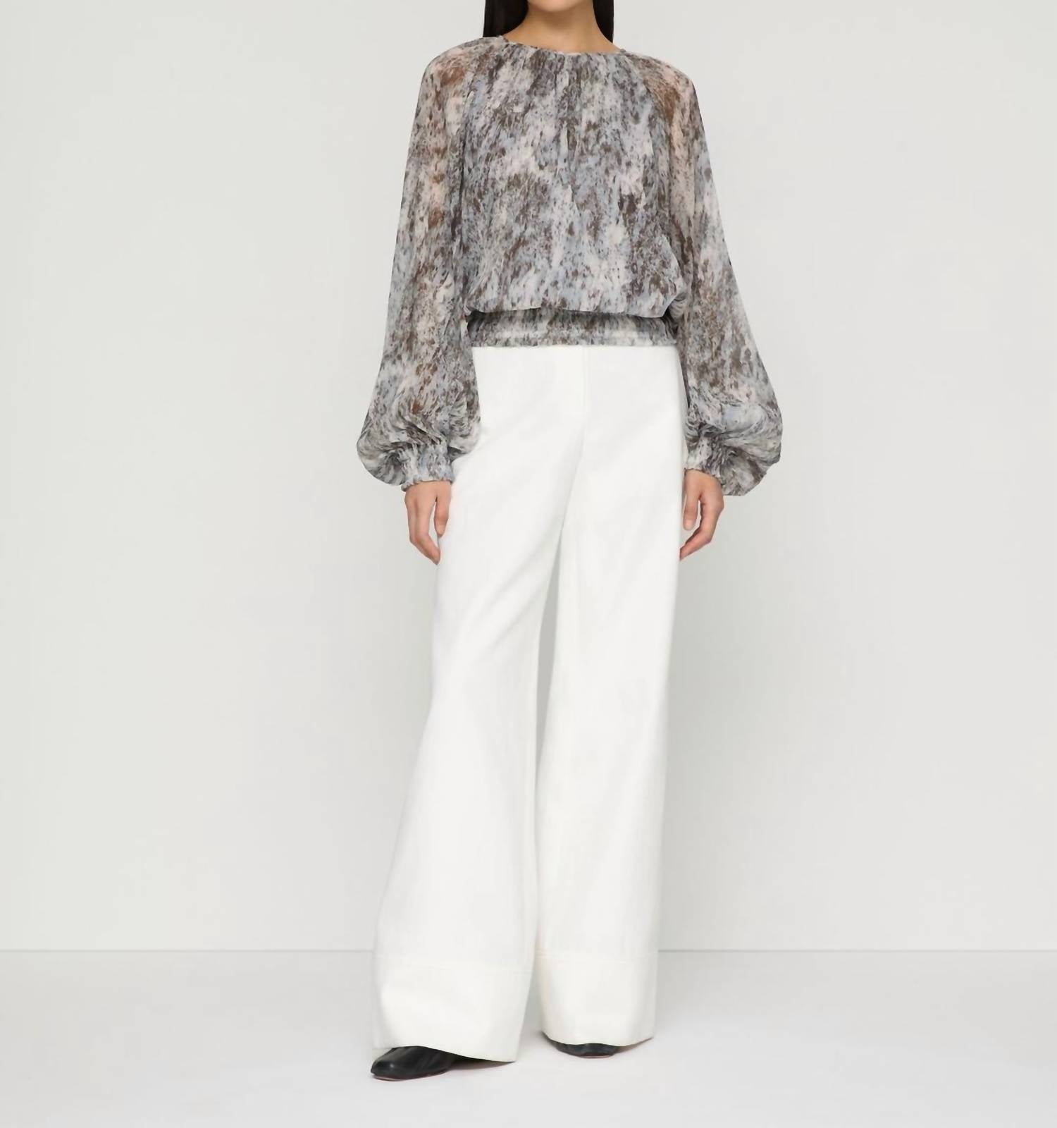 Lafayette 148 - Speckled Glaze Print Georgette Gathered Blouse - Petite