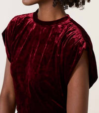 MELISSA NEPTON Acacia Velvet Shirred Shoulder Tee in burgundy - women's blouse - alternate view