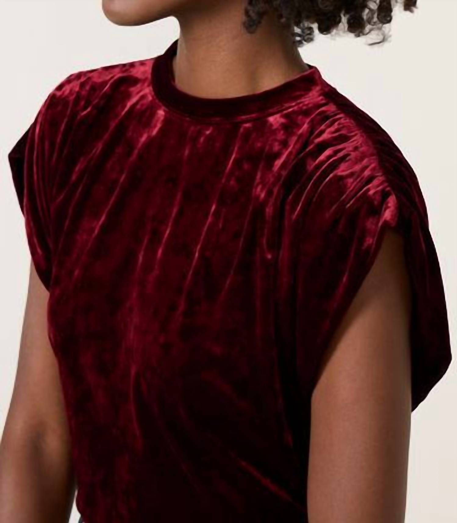 MELISSA NEPTON Acacia Velvet Shirred Shoulder Tee in burgundy - women's blouse - alternate view