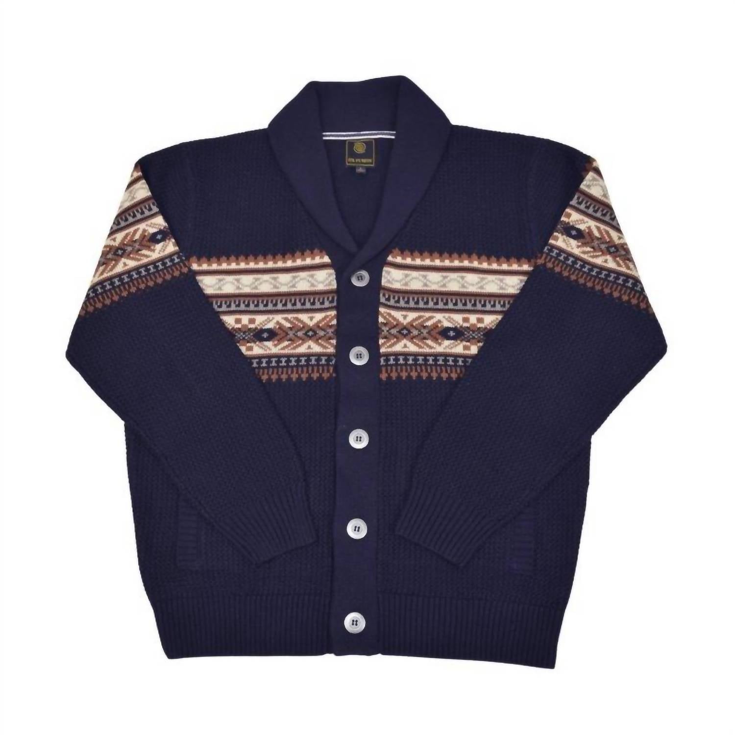 F/X Fusion Men's Button Shawl Aztec Cardigan in navy - men's sweater