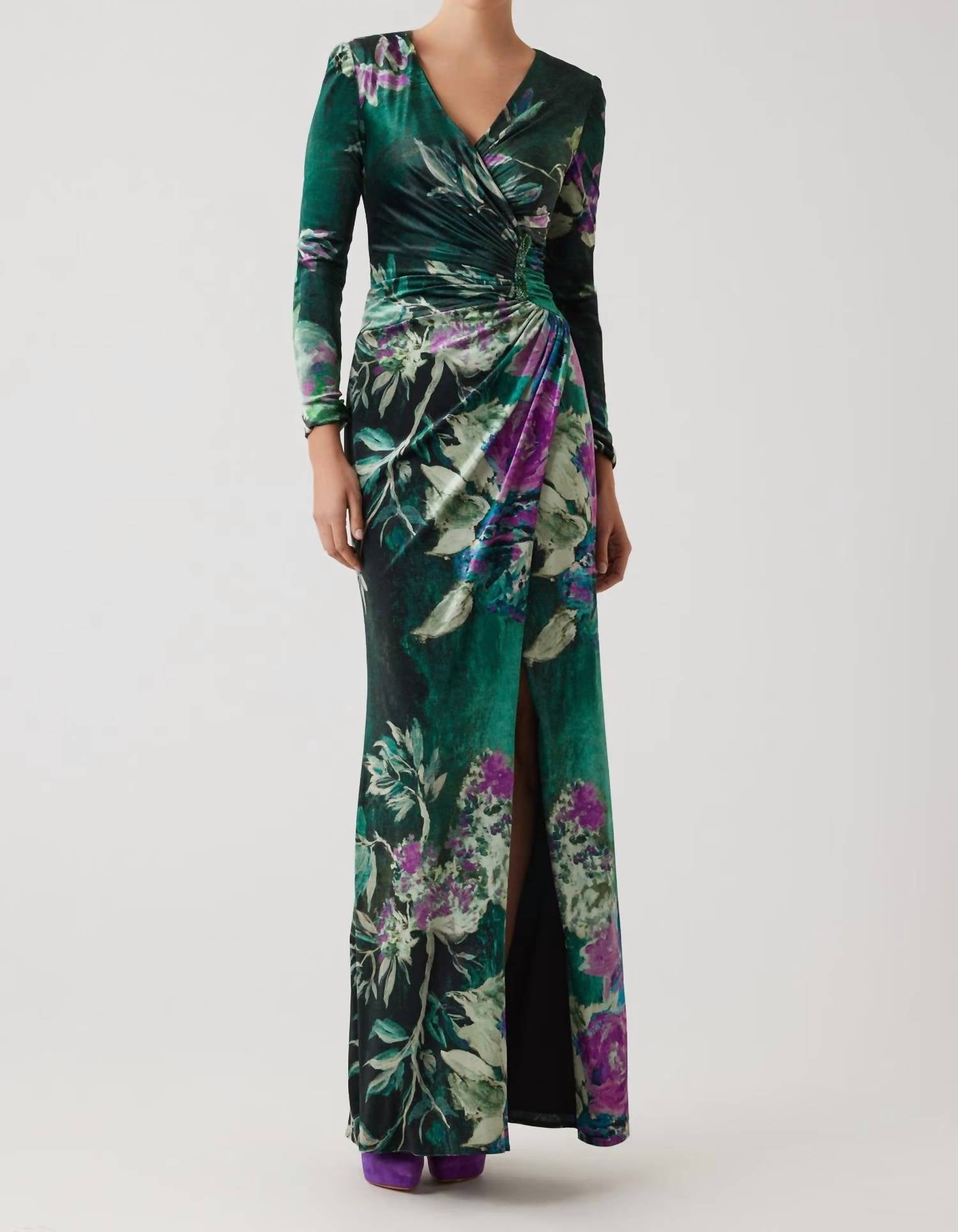 Teri Jon - Floral Velvet Jewel Applique Gown