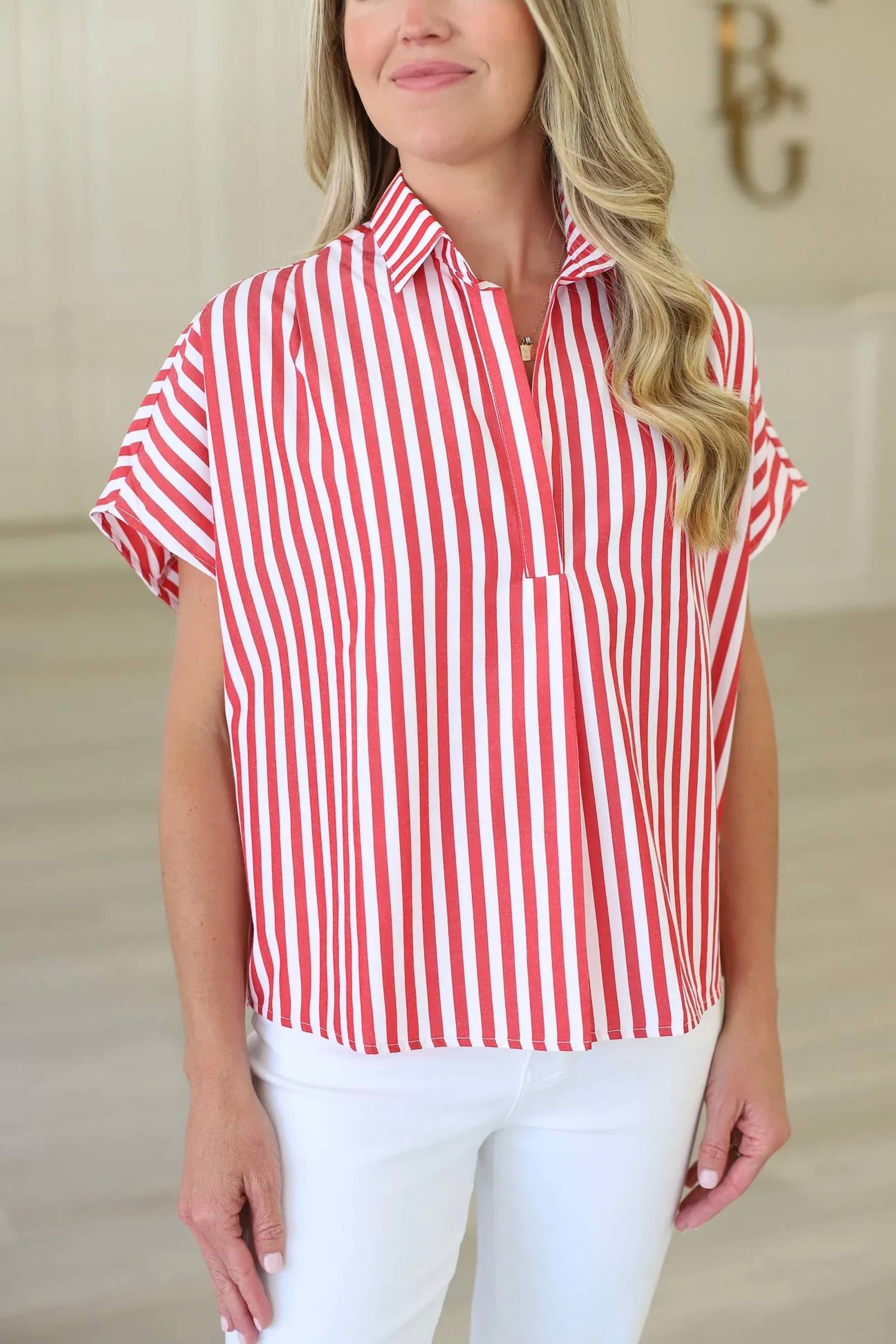 Karlie - Stripe Poplin V-neck Collar Top