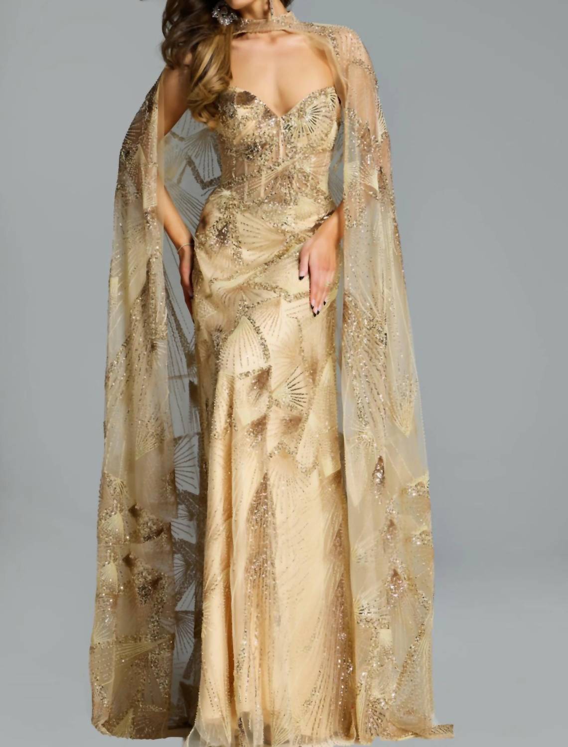 Jovani - Cape Sleeve Embellished Dress
