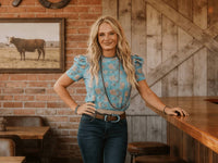 Lucky & Blessed - Boots Print Puff Short Sleeve Western Top