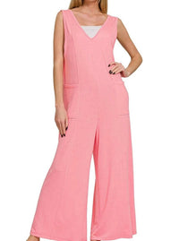 Zenana - French Terry Deep V Neck Jumpsuits