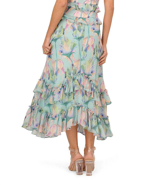 Adrianna Papell - Floral Print Chiffon V-neck Sleeveless Ruffle Trim Midi Dress