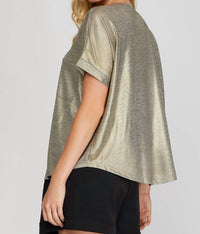 SHE + SKY Dolman Sleeve Foil Tunic in bronze - women's shirt - detail view