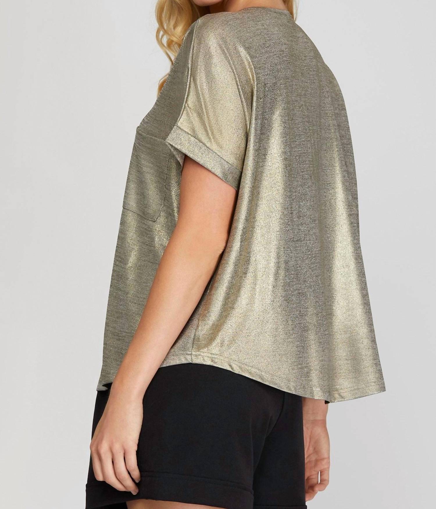 SHE + SKY Dolman Sleeve Foil Tunic in bronze - women's shirt - detail view