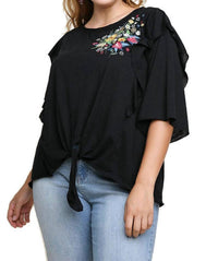 Umgee - Embroidered Ruffled Sleeve Knot Top
