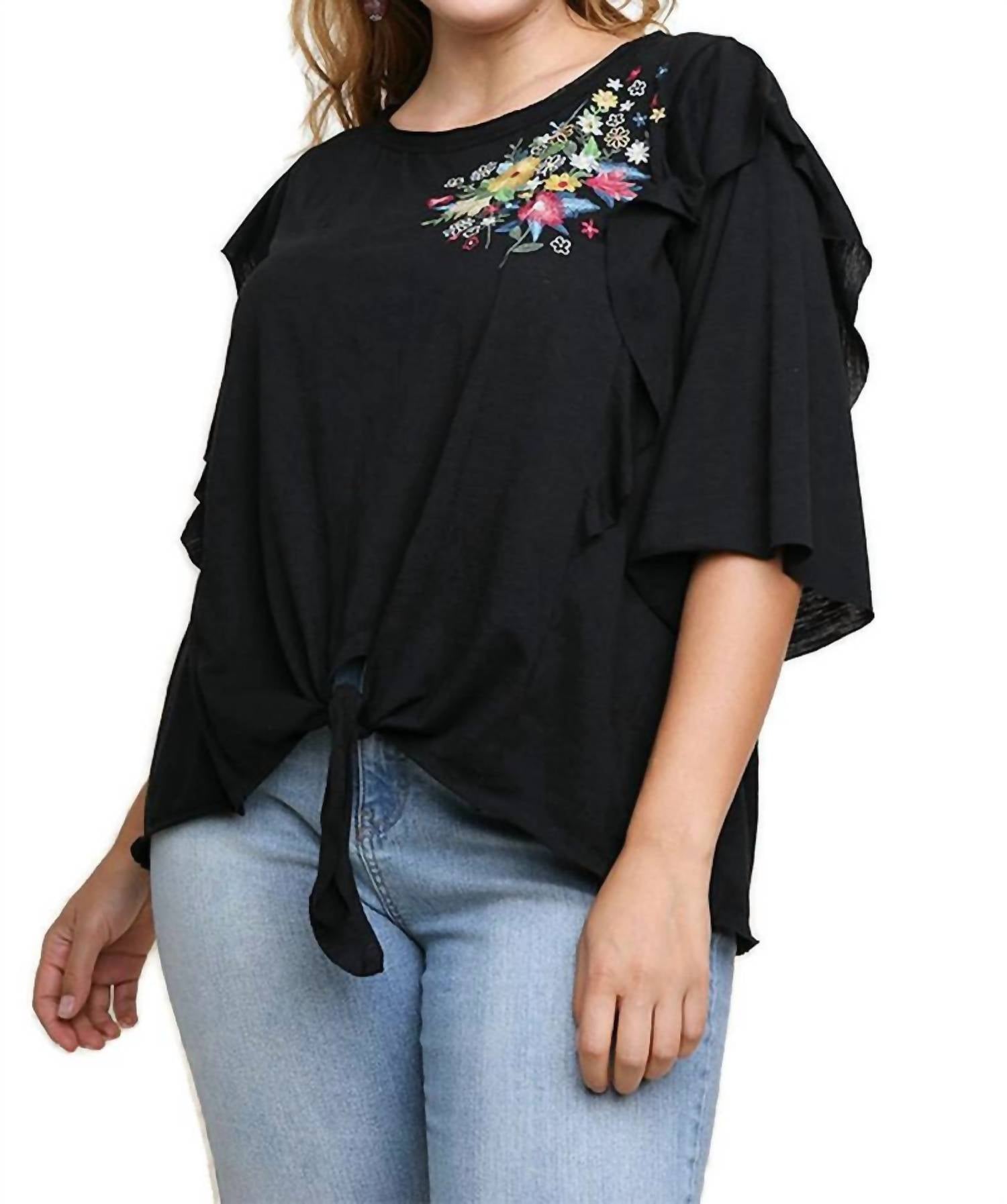 Umgee - Embroidered Ruffled Sleeve Knot Top