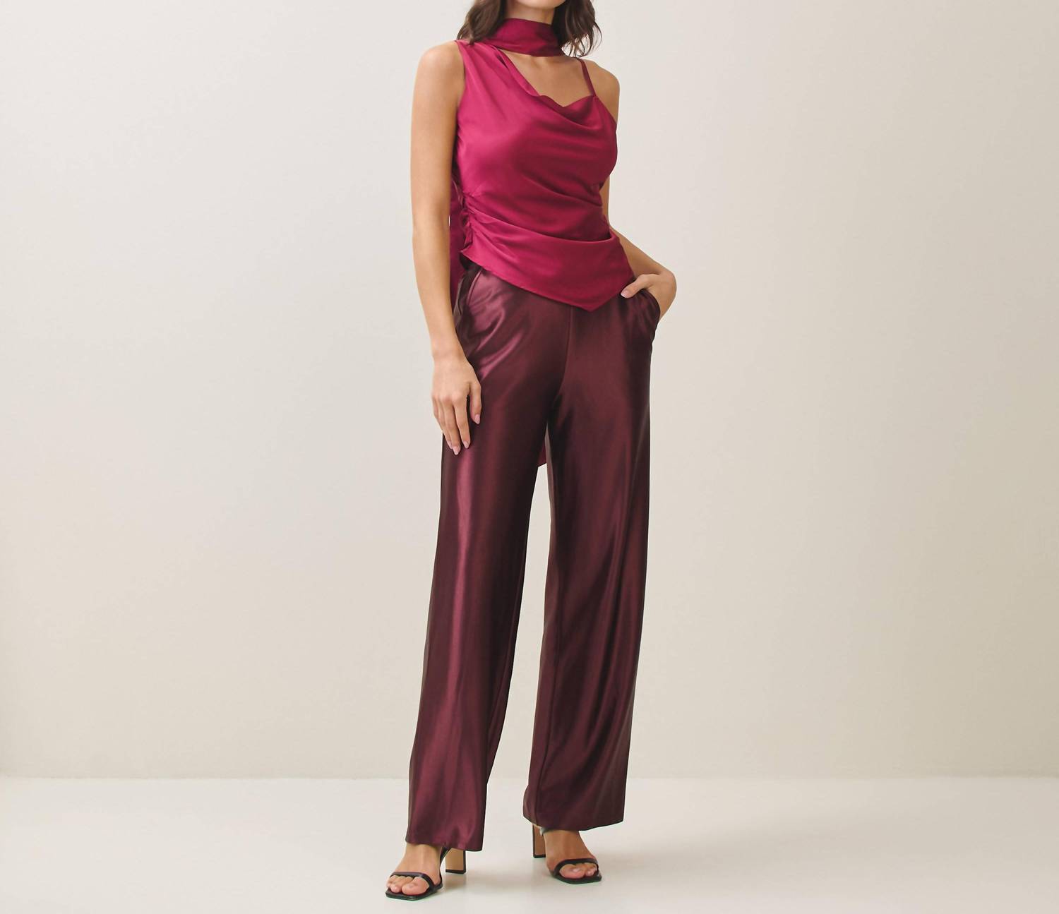 ABLE Satin Stretch Trousers in burgundy - women's pants