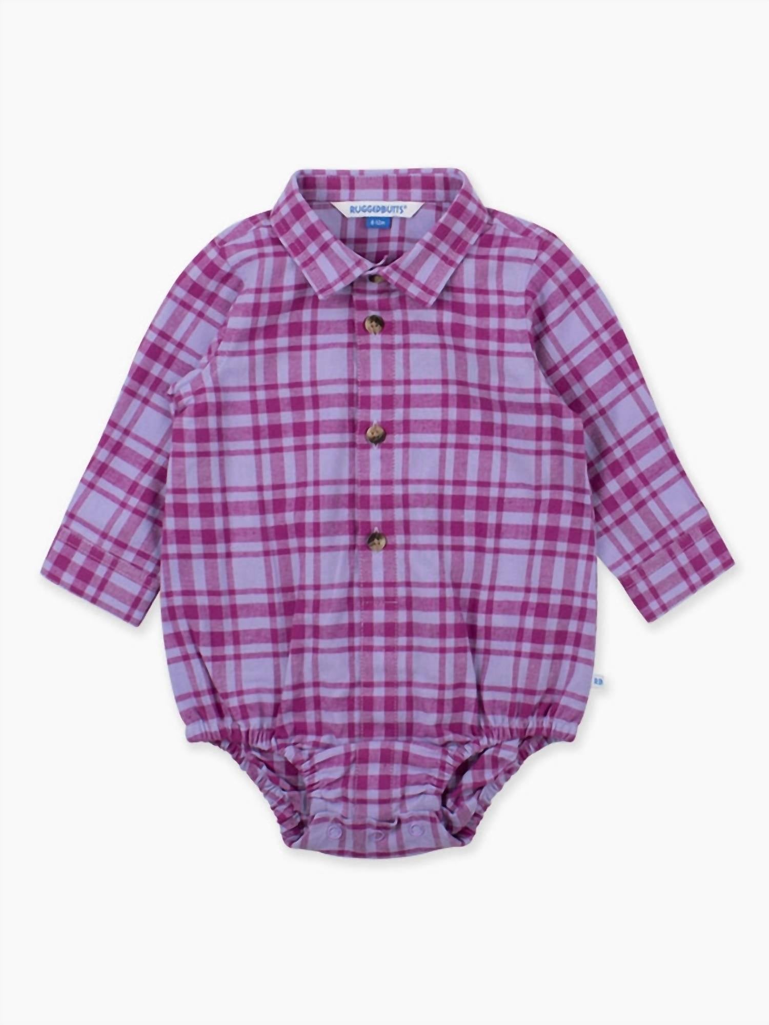 RuffleButts Boy's Harper Plaid Long Sleeve Button Down Bodysuit in purple - kids' item