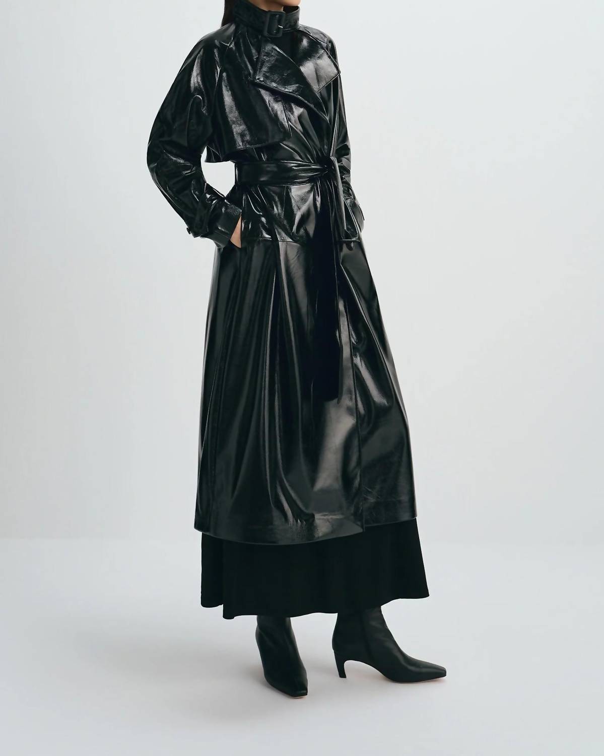 Rue Sophie Hyde Shiny Trench Coat in black - women's jacket - detail view