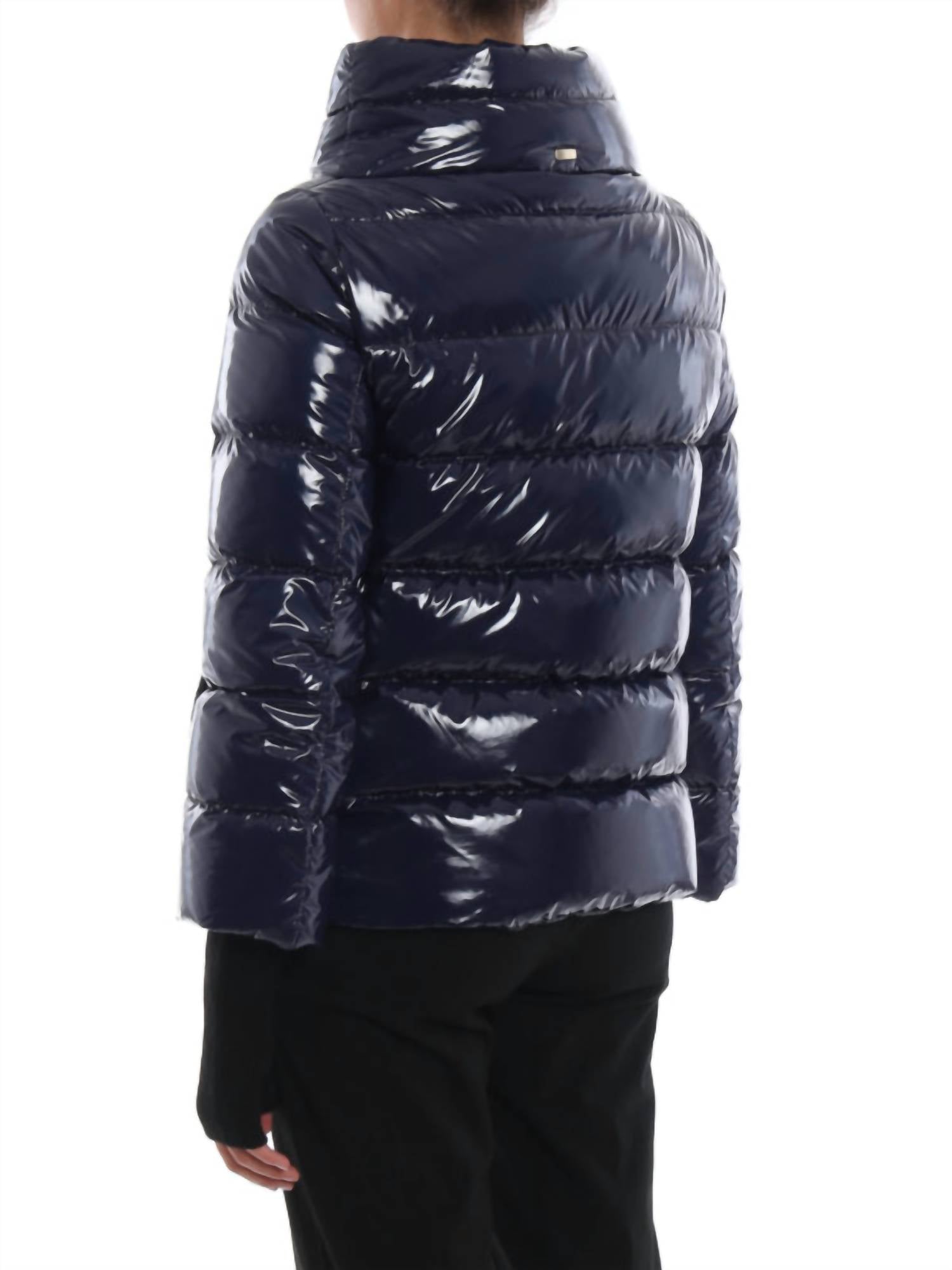 Herno Patent Puffer Jacket in blue - women's jacket - detail view