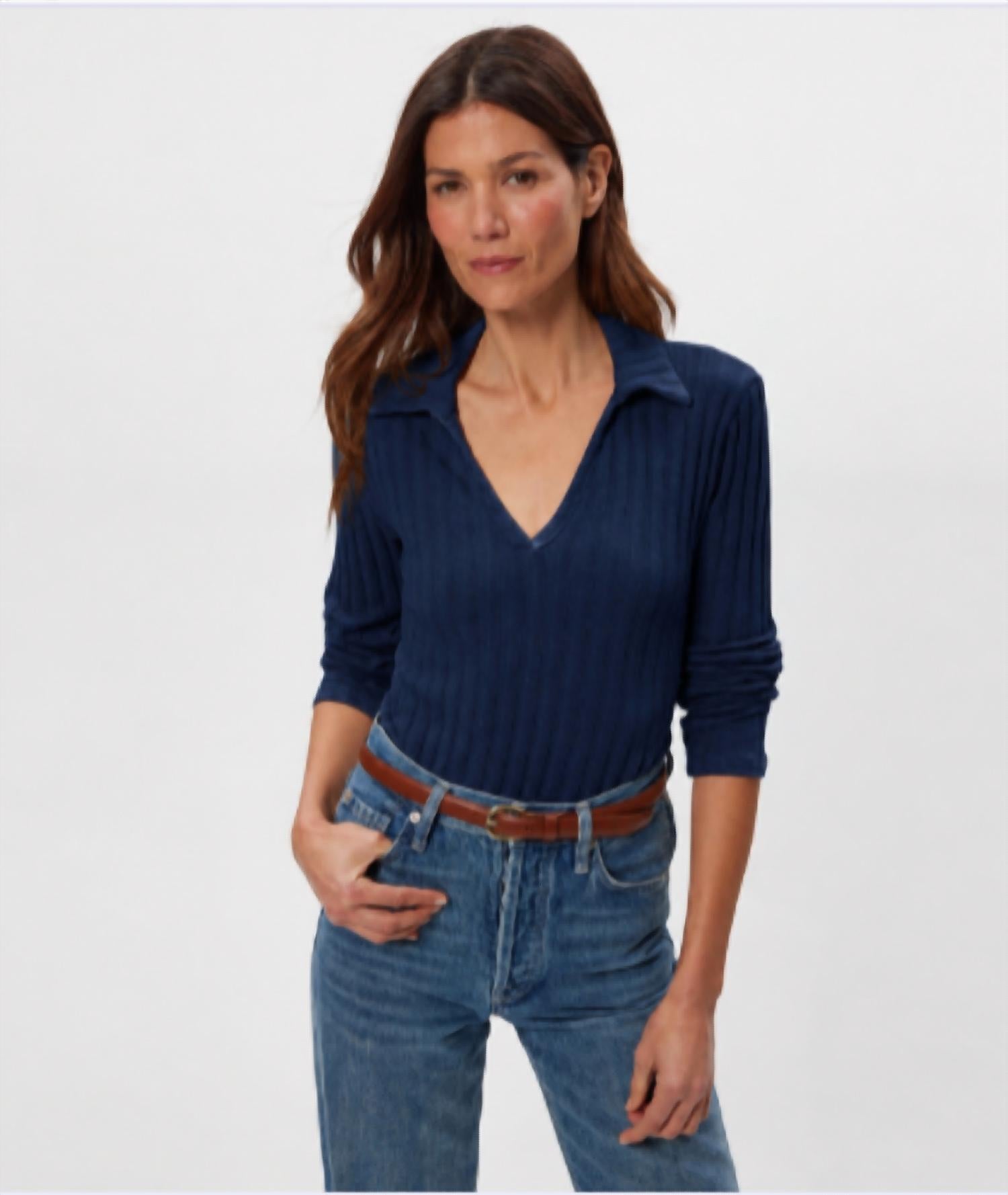Michael Stars - Liyah London Rib Long Sleeve Collared Tee