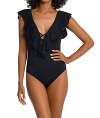 La Blanca Island Goddess Over The Shoulder Ruffle Plunge One Piece in black - women's swimwear