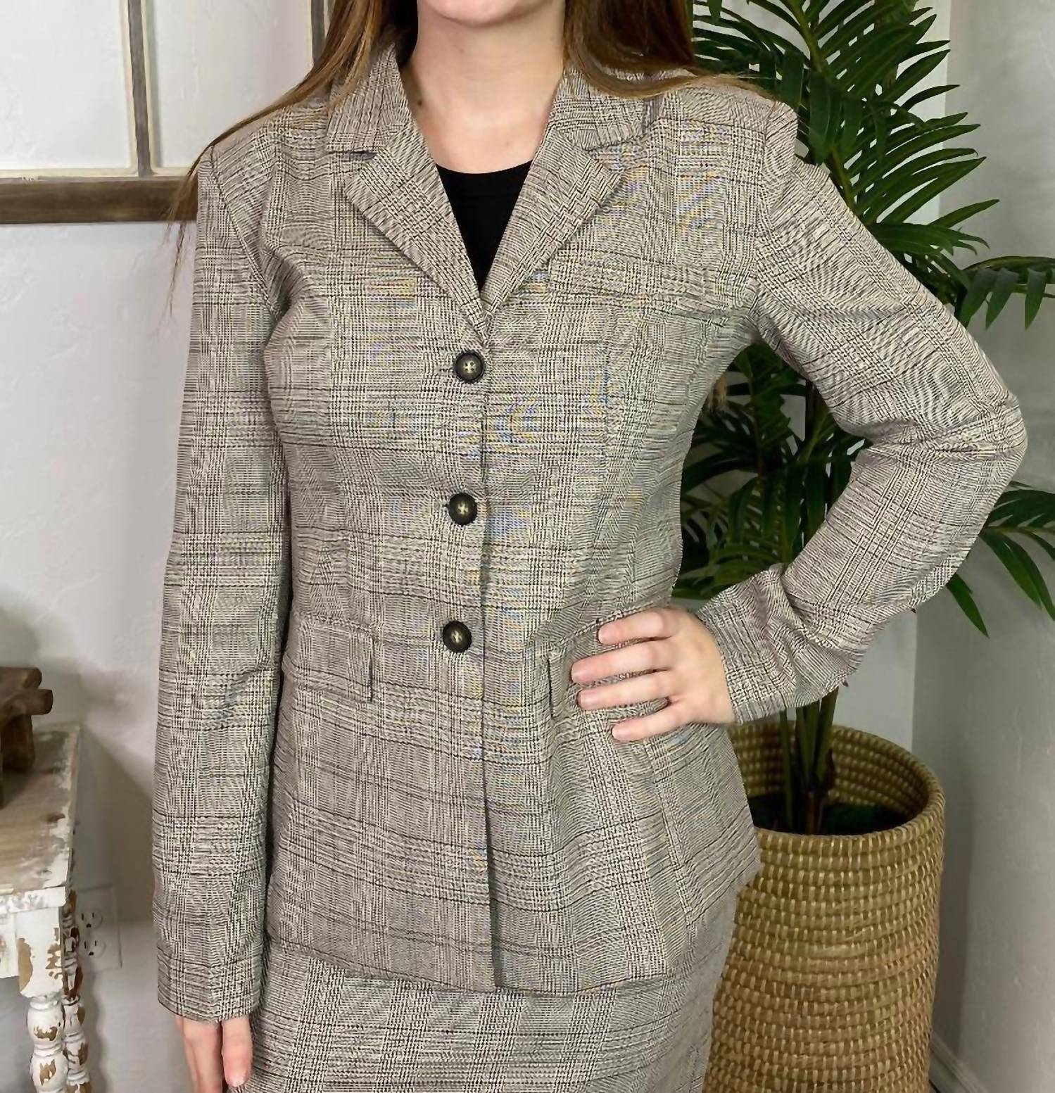 Blu Pepper Plaid Blazer And Pencil Skirt Set in light taupe - women's skirt - detail view