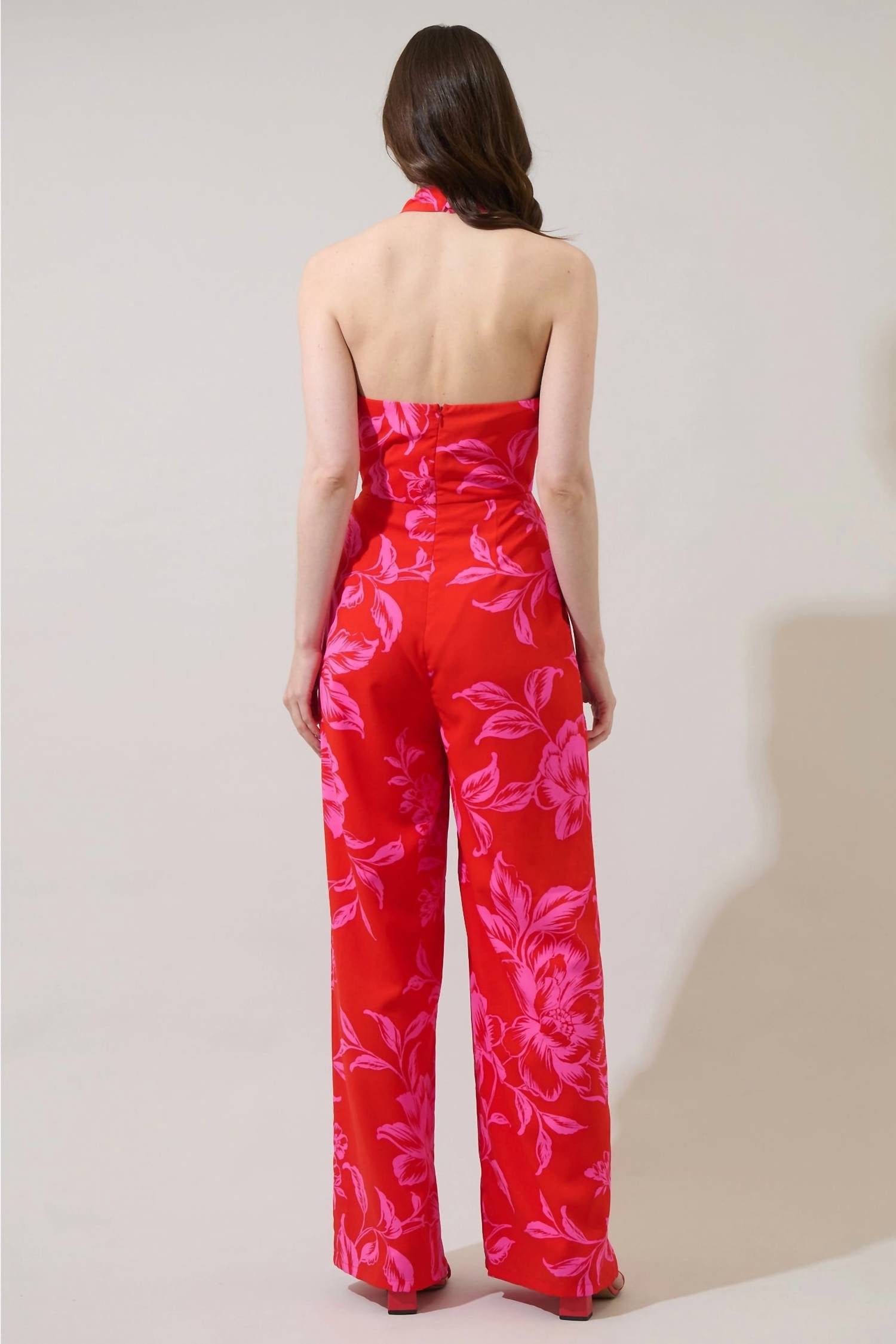 SUGARLIPS The After Hours Bloom Jumpsuit in red pink combo - women's pants - detail view