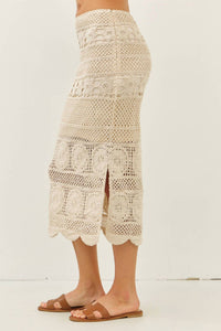 Idem Ditto - Floral Sheer Crochet Top And Skirt Set With Scallop Hem