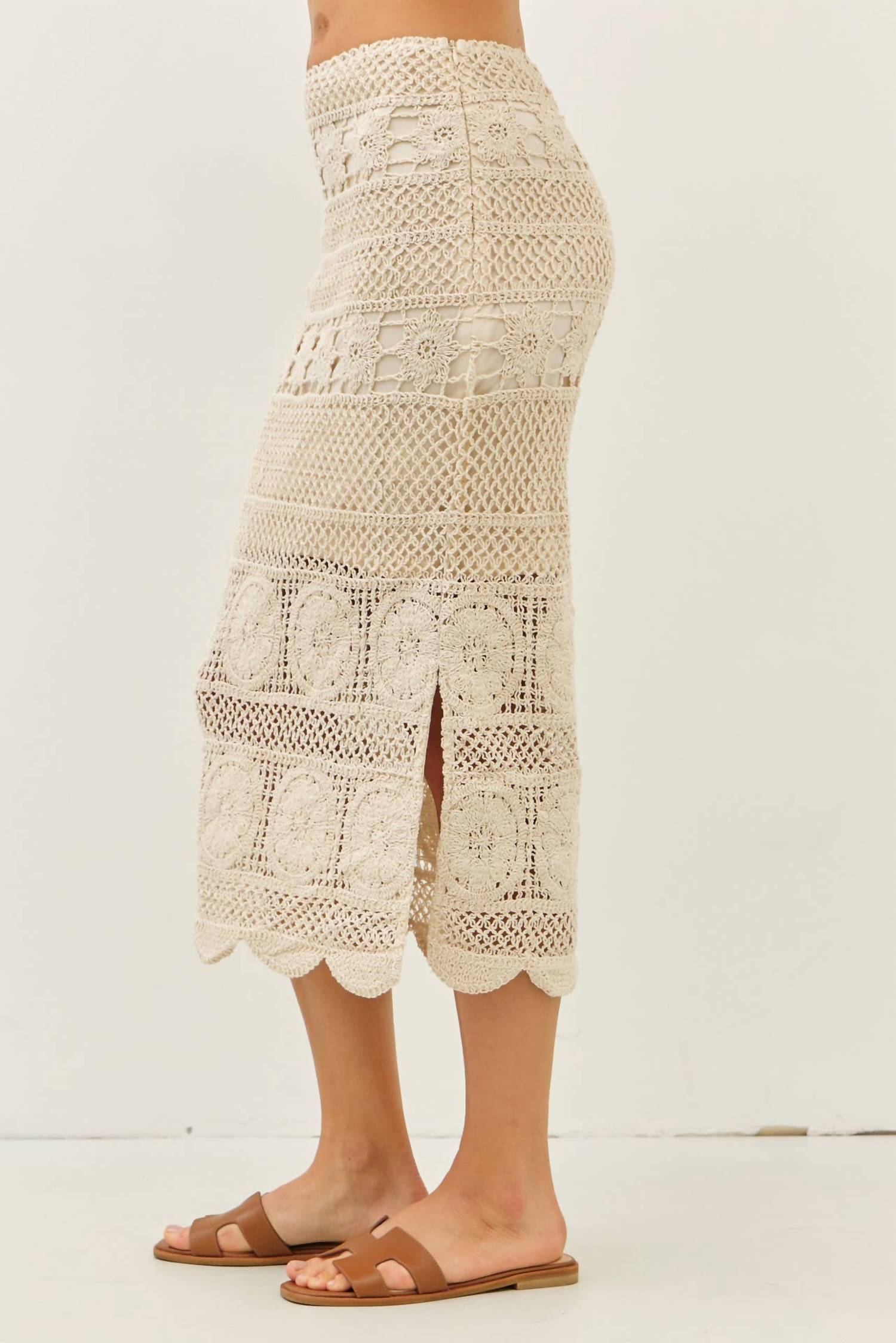 Idem Ditto - Floral Sheer Crochet Top And Skirt Set With Scallop Hem