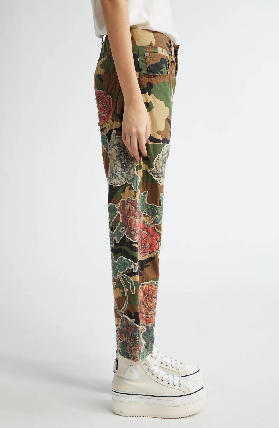 R13 - Camo patchwork utility pants with rose applique