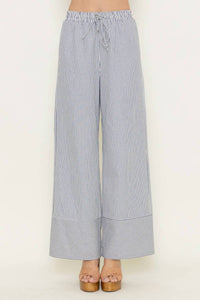 Fore Collection Striped High Waisted Drawstring Tie Wide Leg Pants in ivory navy - women's pants