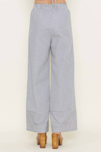 Fore Collection Striped High Waisted Drawstring Tie Wide Leg Pants in ivory navy - women's pants - detail view
