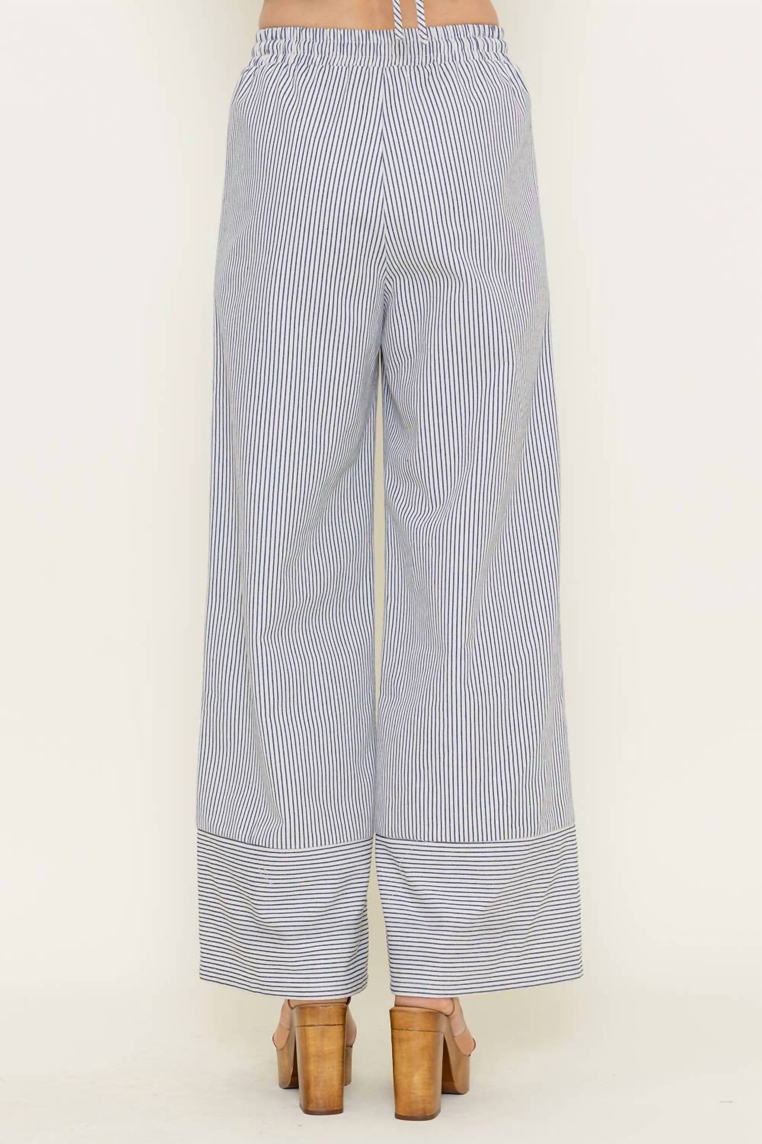 Fore Collection Striped High Waisted Drawstring Tie Wide Leg Pants in ivory navy - women's pants - detail view