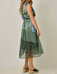 mystree Shoulder Tie Mixed Print Dress in deep emerald - women's dress - alternate view