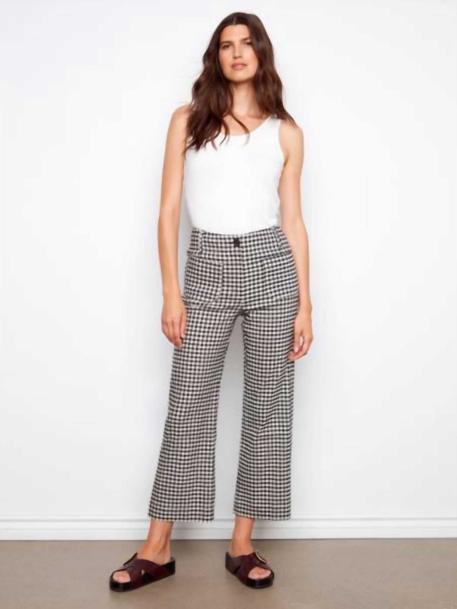 Charlie B - Gingham Wide Leg Pant With Patch Pockets