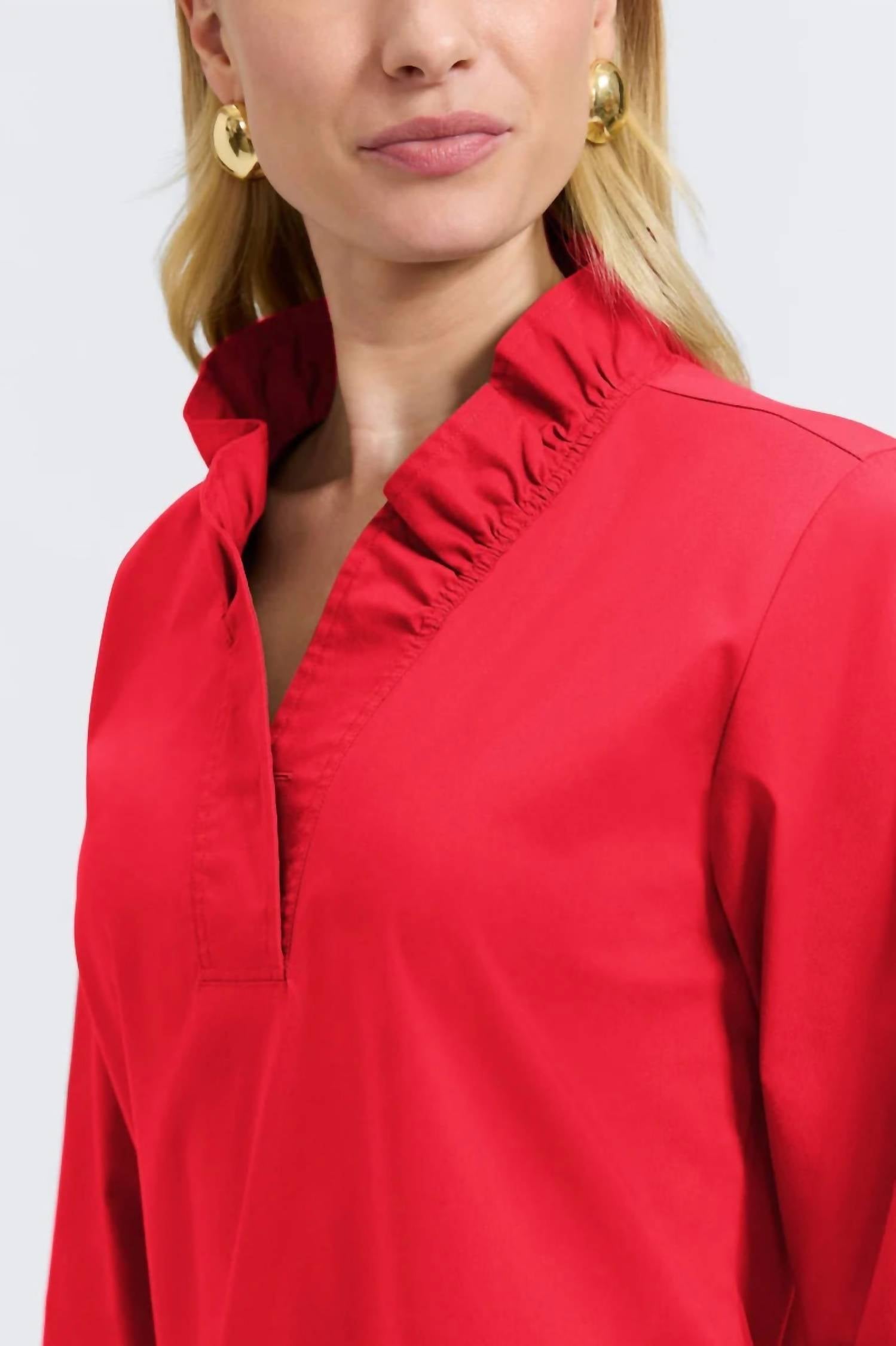 Foxcroft Tammy Ruffle Collar Top in red - women's long sleeve top - alternate view