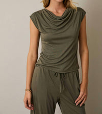 GILLI Cowl Neck Cap Sleeve Top in olive - women's blouse - detail view