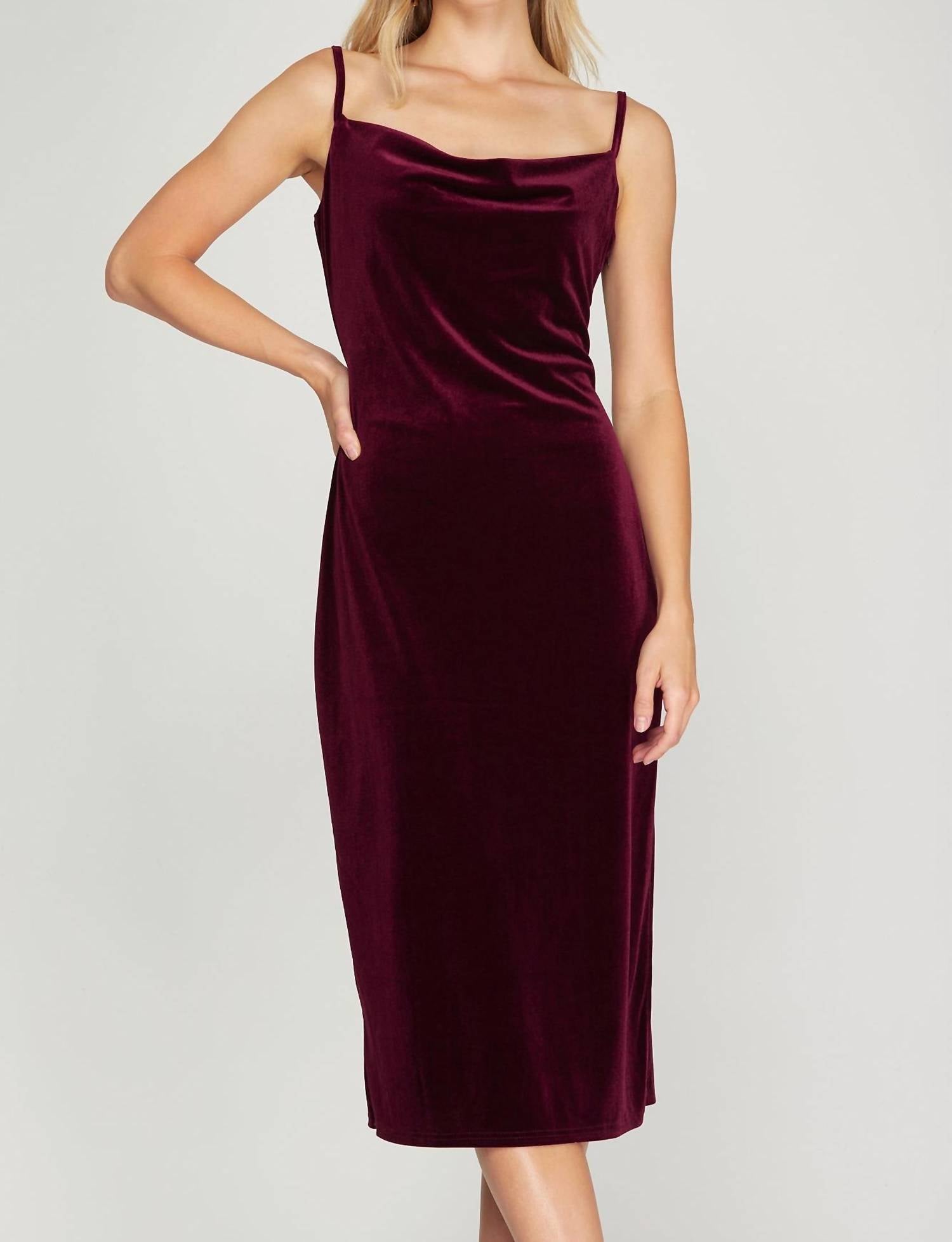 She + Sky - Velvet Camisole Dress With Cowl Neck And Side Slit