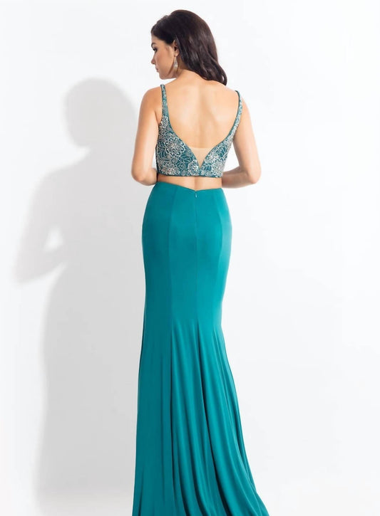 Rachel Allan - Two-piece Jersey Embroidered Gown With High Slit