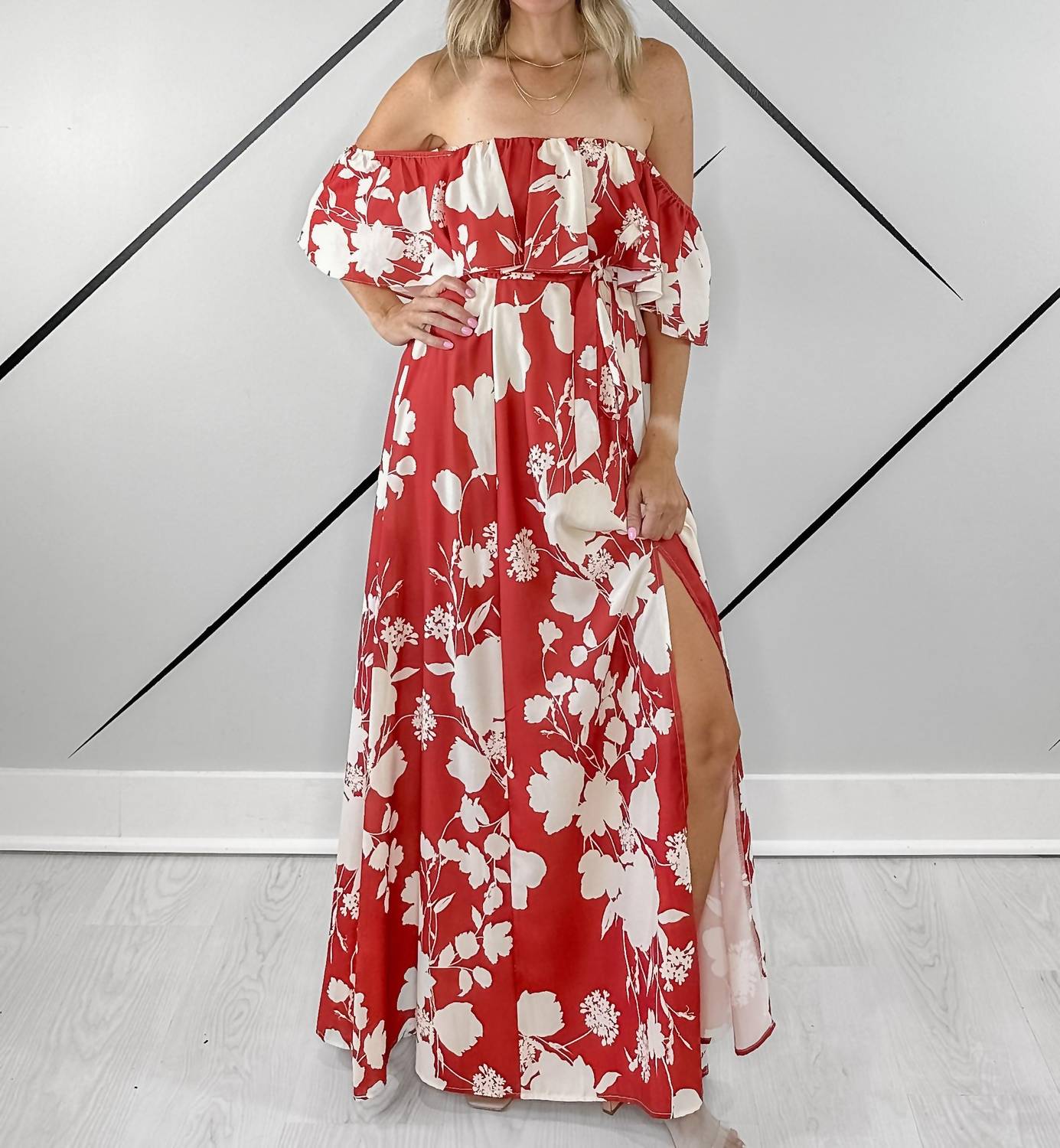 Soieblu - Off-shoulder Side Slit Maxi Dress