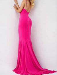 JOVANI Fitted Spaghetti Strap Dress in hot pink - women's dress - detail view