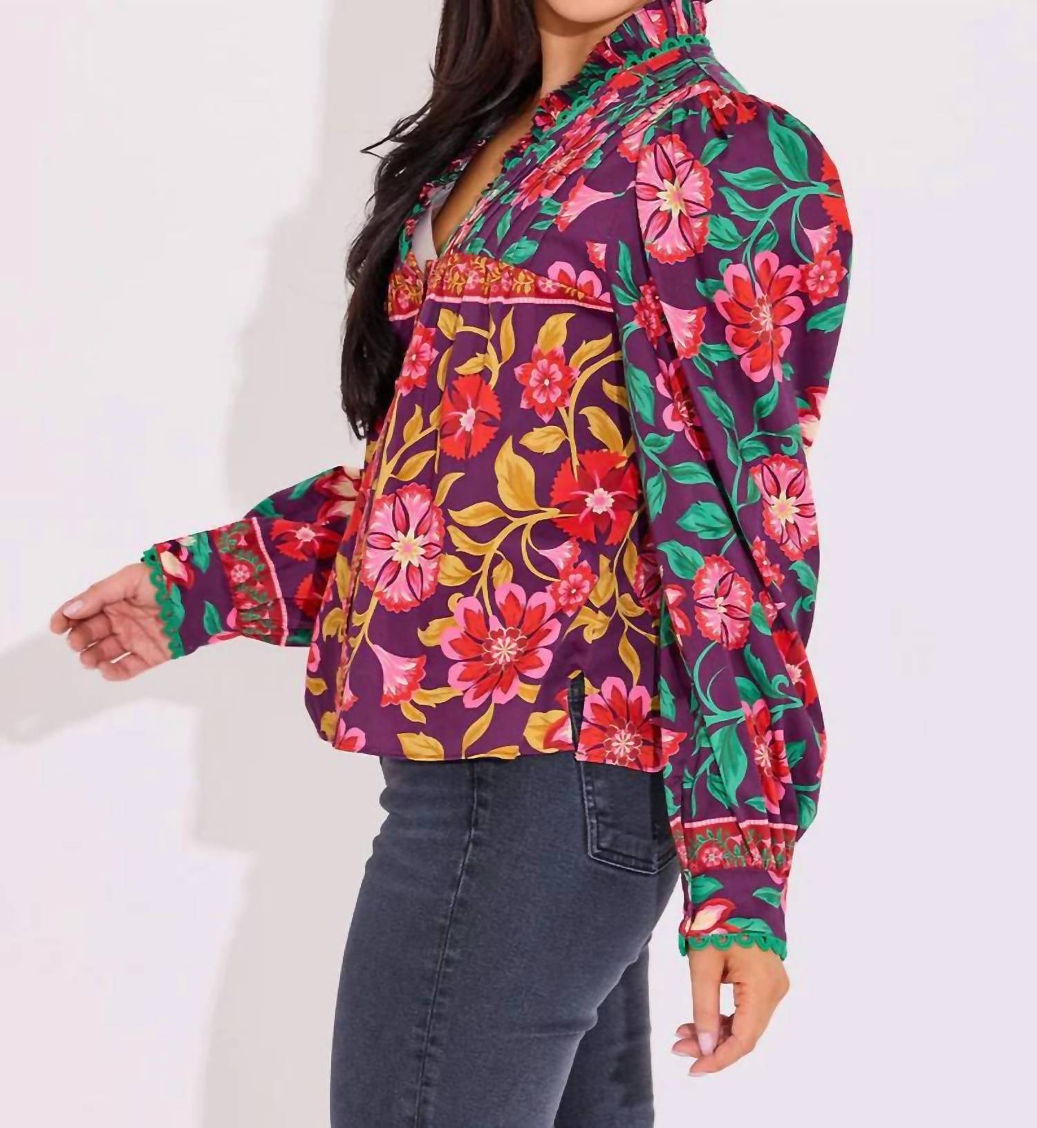 Alden Adair Oliver V-neck Top in medieval floral - women's blouse - alternate view