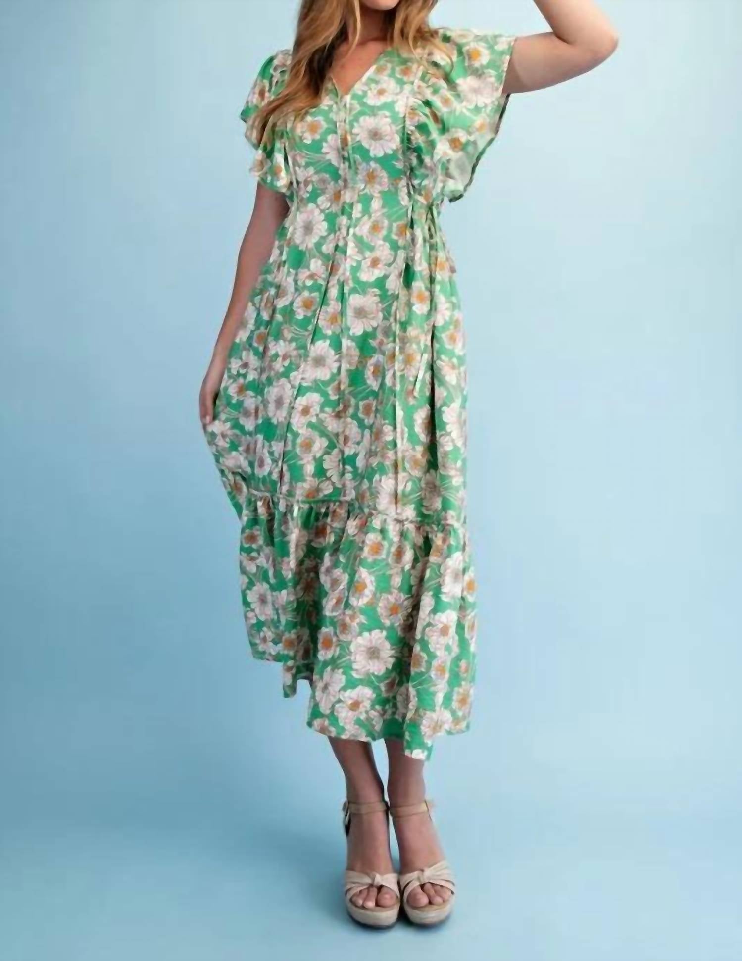 Gigio - Vibrant Floral Print V-neck Midi Dress