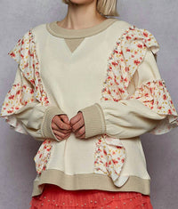 POL Floral Ruffle Round Neck Thermal Knit Top in cream - women's sweater - detail view