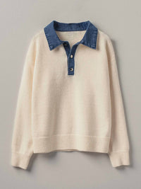 Urban Daizy Denim Polo Collar Sweater in ivory - women's top - detail view