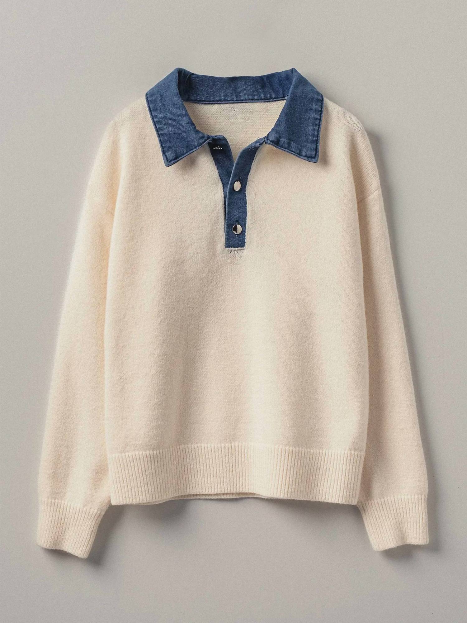 Urban Daizy Denim Polo Collar Sweater in ivory - women's top - detail view