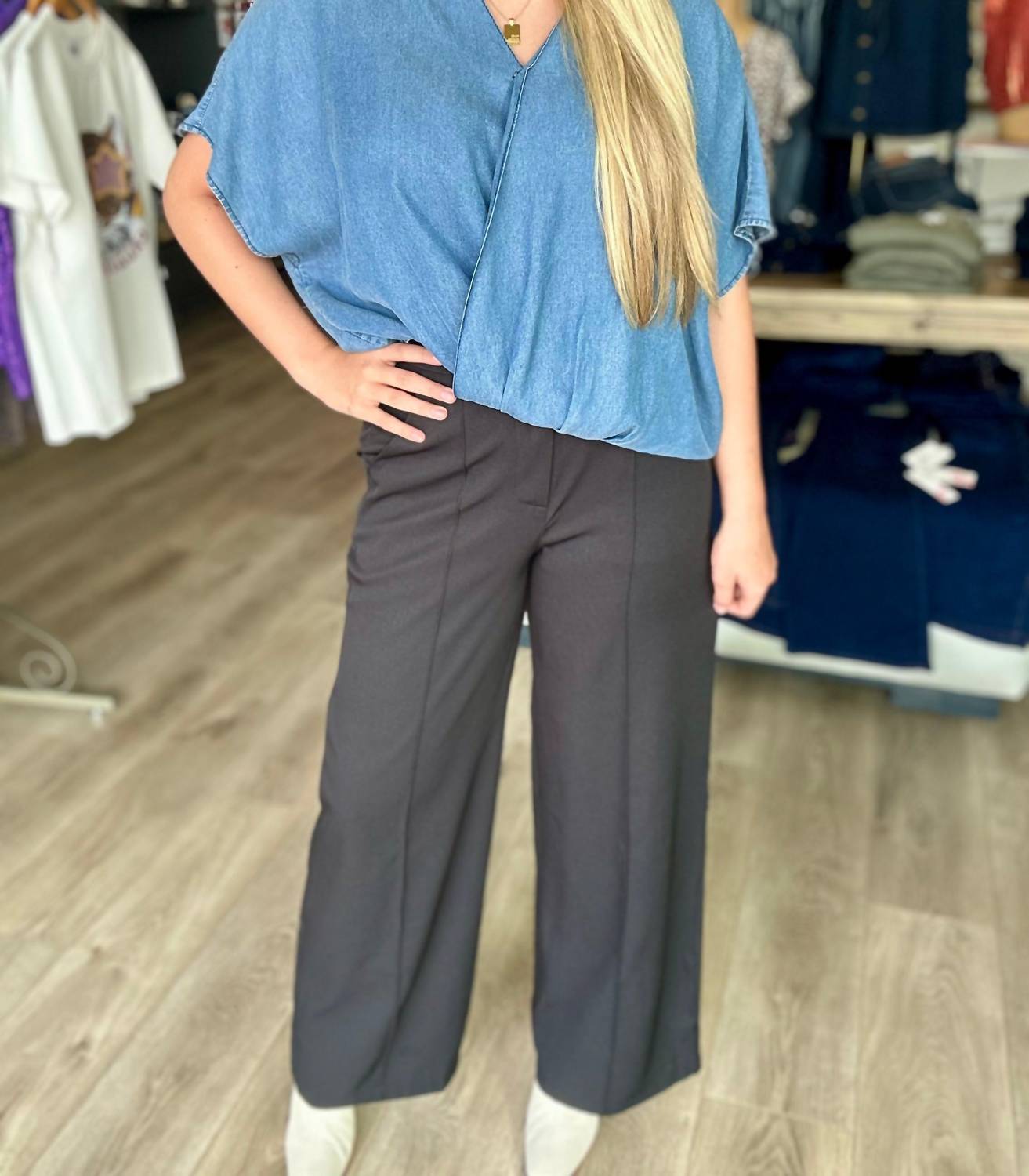 She + Sky - Wide Leg Woven Pants With Pintuck And Pockets